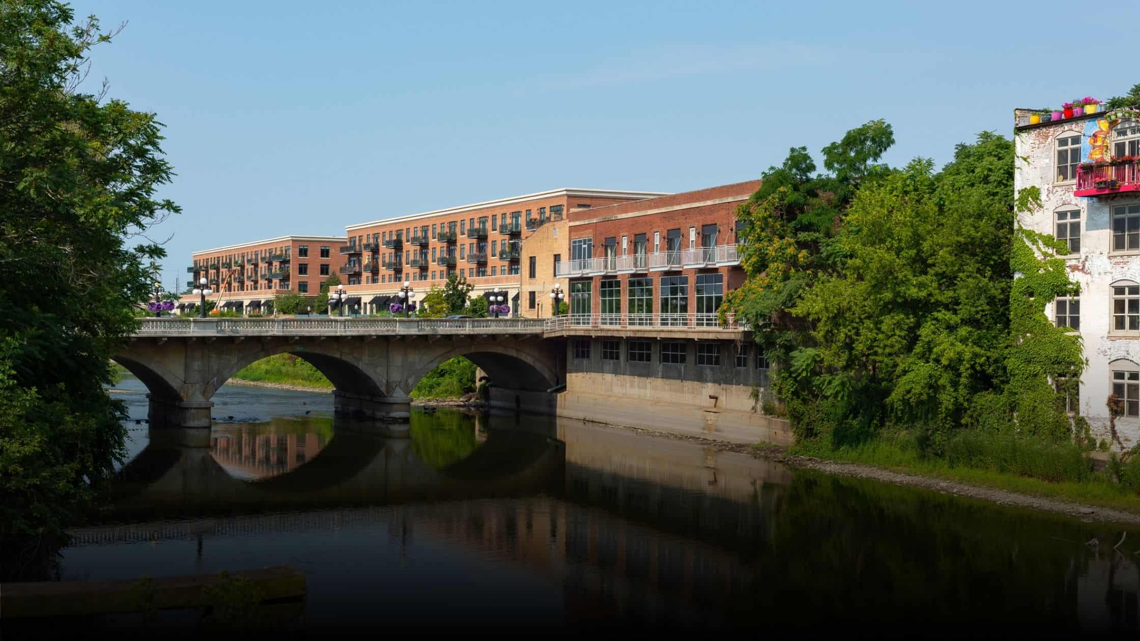 Looking down the Fox River in Aurora, Illinois